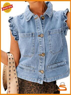 Sleeveless Cropped Denim Vest with Ruffle Cuffs - Cotton Blend